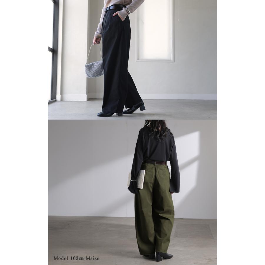 パンツ バレルレッグ レディース ストレッチ ボトムス カーブパンツ 綿 混 テーパード バレルパンツ タックパンツ インタック 体型カバー 脚長 ハイウエスト | HUG.U | 22