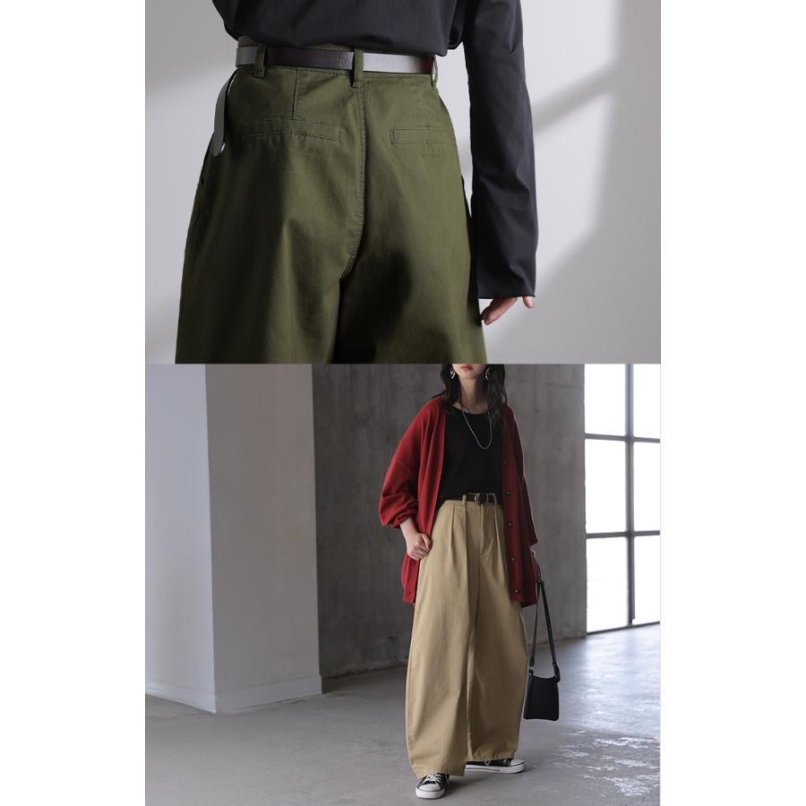パンツ バレルレッグ レディース ストレッチ ボトムス カーブパンツ 綿 混 テーパード バレルパンツ タックパンツ インタック 体型カバー 脚長 ハイウエスト | HUG.U | 12