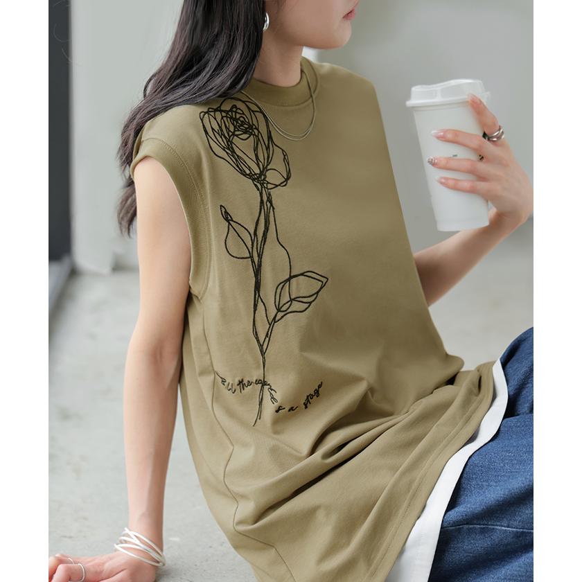 タンクトップ 刺繍 花柄 トップス レディース ストレッチ ノースリーブ カットソー チュニック フラワー インナー レイヤード きれいめ ゆったり 体型カバー | HUG.U | 21