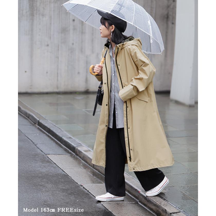 レインコート コート ロング レディース アウター 自転車 体型カバー リュック対応 通勤 通学 カッパ 雨具 撥水 ロングコート レインウェア スプリングコート | HUG.U | 08