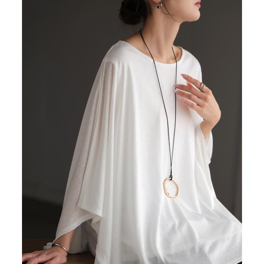 Tシャツ ドルマン レディース トップス カットソー 五分袖 七分袖 クルーネック ケープスリーブ 二の腕カバー 体型カバー お尻が隠れる 涼しい 大きいサイズ | HUG.U | 21