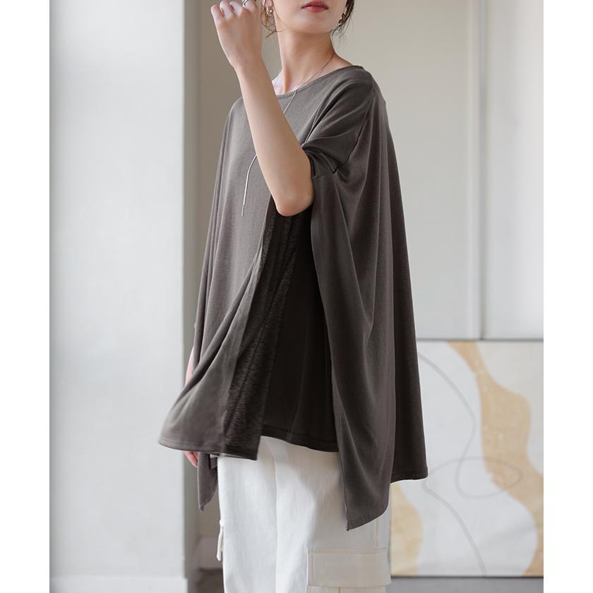 Tシャツ ドルマン レディース トップス カットソー 五分袖 七分袖 クルーネック ケープスリーブ 二の腕カバー 体型カバー お尻が隠れる 涼しい 大きいサイズ | HUG.U | 12