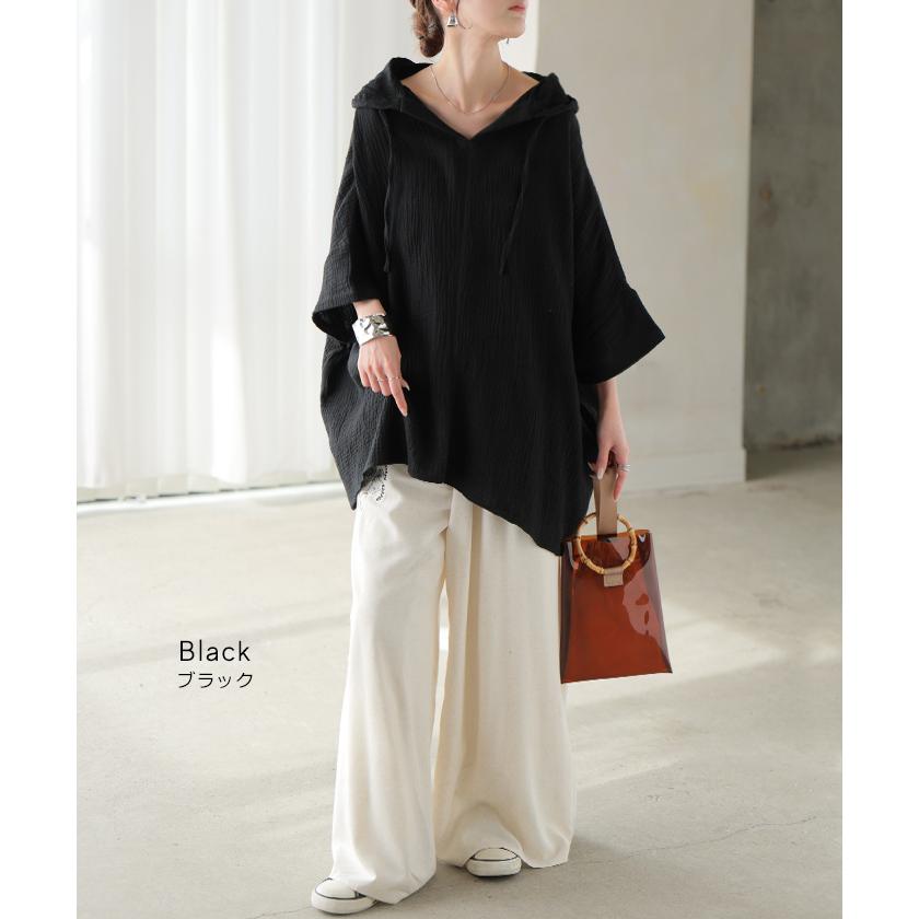 パーカー 綿100 ダブル ガーゼ 「 わたあめ パーカー 」 レディース トップス 半袖 Vネック フード フーディー チュニック お尻が隠れる プルオーバー コットン | HUG.U | 16