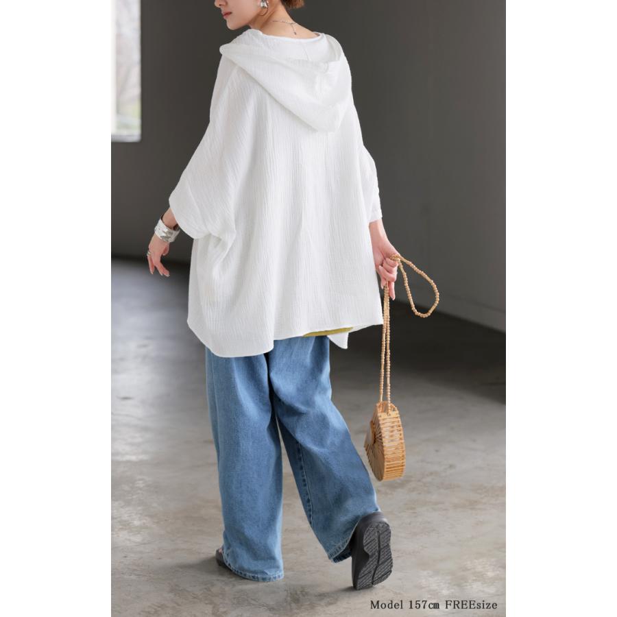 パーカー 綿100 ダブル ガーゼ 「 わたあめ パーカー 」 レディース トップス 半袖 Vネック フード フーディー チュニック お尻が隠れる プルオーバー コットン | HUG.U | 22