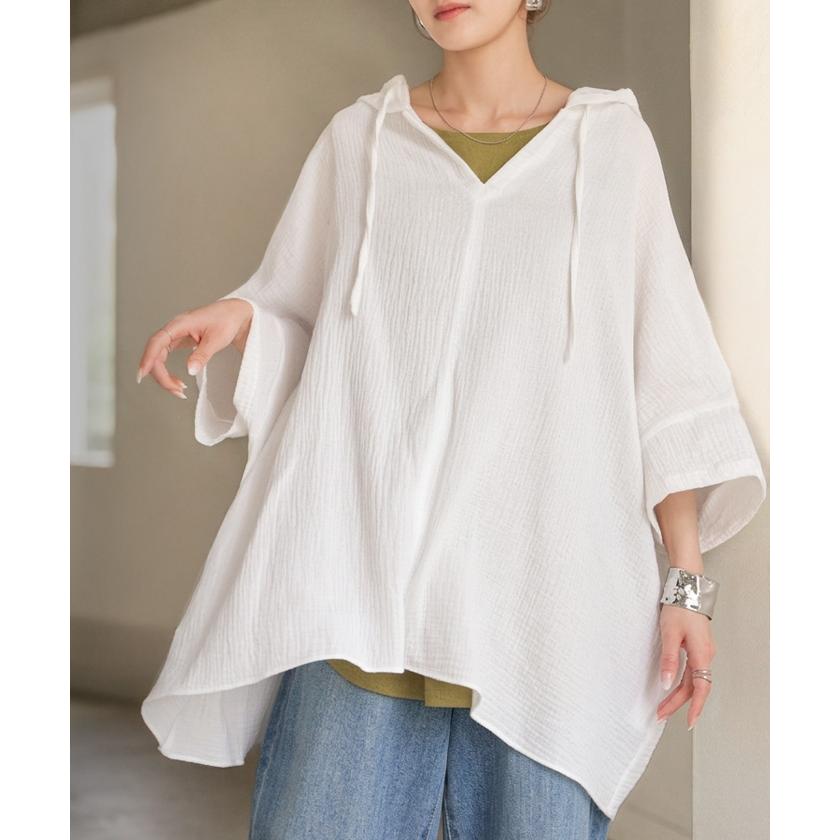 パーカー 綿100 ダブル ガーゼ 「 わたあめ パーカー 」 レディース トップス 半袖 Vネック フード フーディー チュニック お尻が隠れる プルオーバー コットン | HUG.U | 09