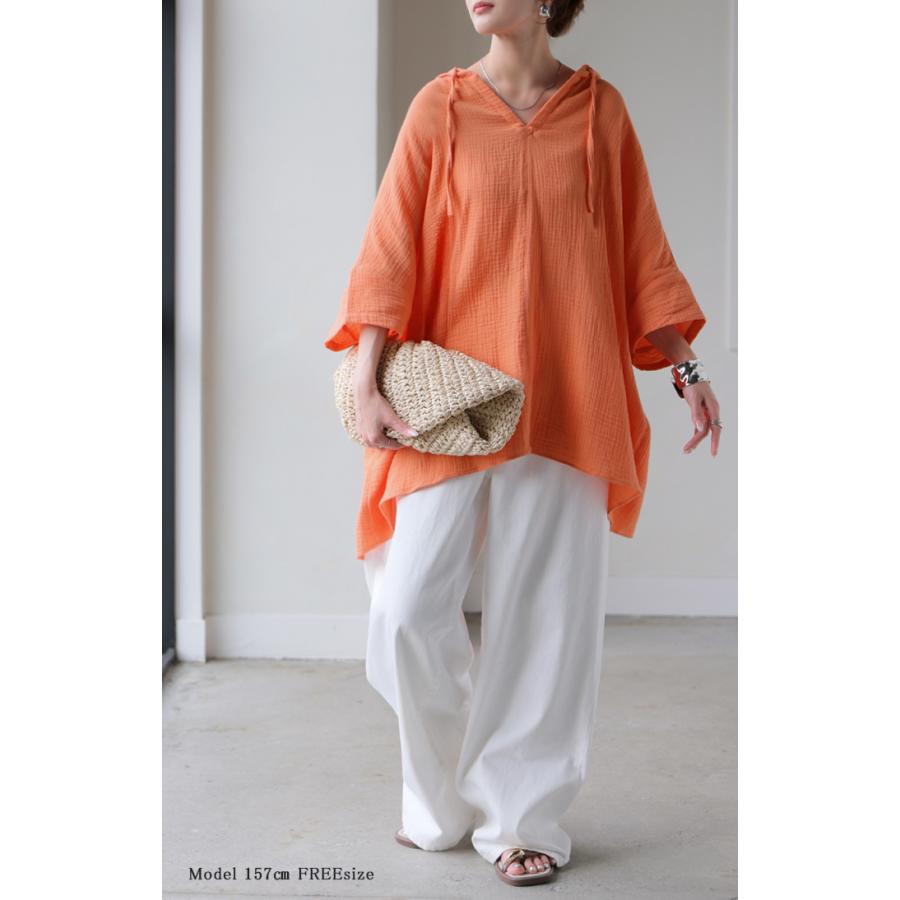 パーカー 綿100 ダブル ガーゼ 「 わたあめ パーカー 」 レディース トップス 半袖 Vネック フード フーディー チュニック お尻が隠れる プルオーバー コットン | HUG.U | 10