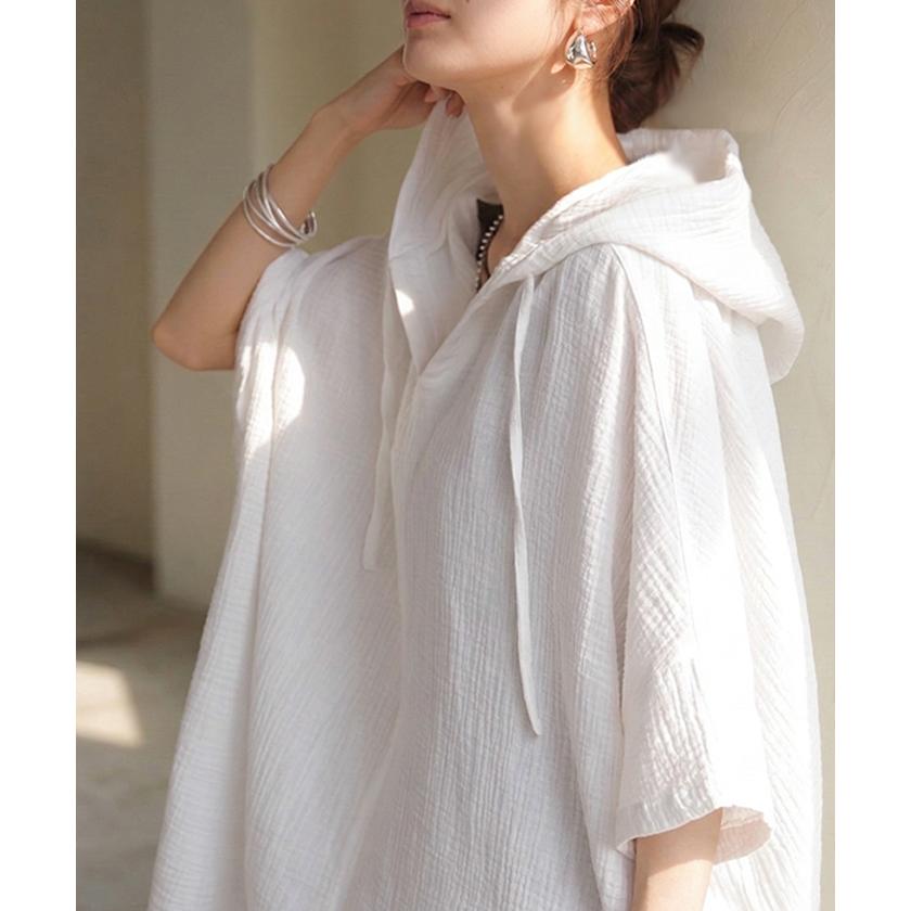 パーカー 綿100 ダブル ガーゼ 「 わたあめ パーカー 」 レディース トップス 半袖 Vネック フード フーディー チュニック お尻が隠れる プルオーバー コットン | HUG.U | 13