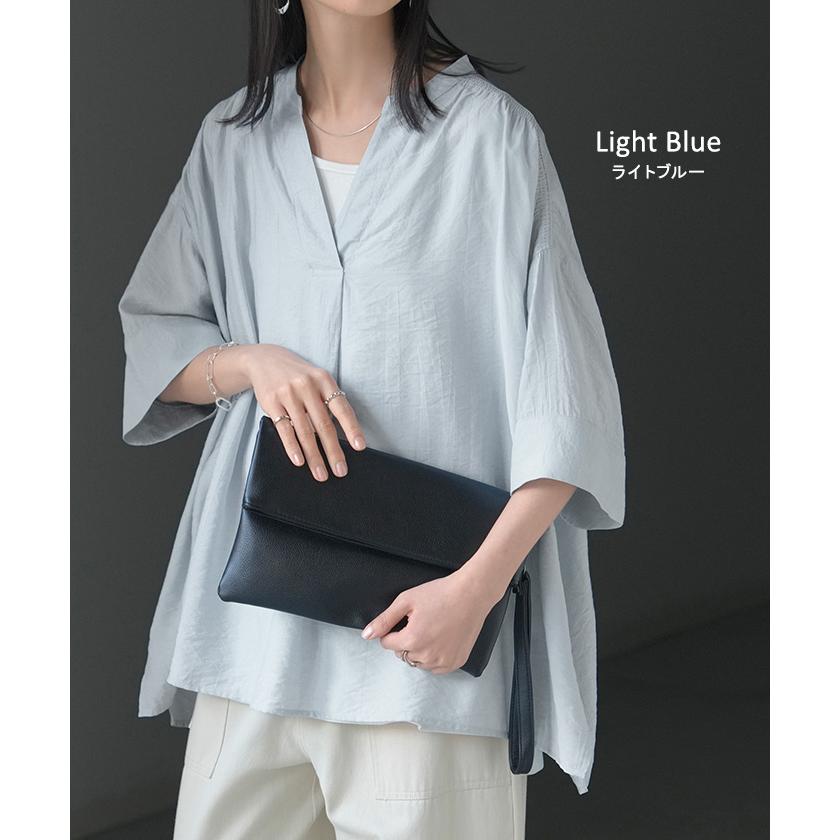 シャツ レディース ノーカラー トップス キーネック ブラウス ロング ロングシャツ チュニック 半袖 無地 バンドカラー ドルマンスリーブ 涼しい 二の腕カバー | HUG.U | 15