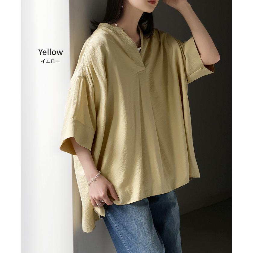 シャツ レディース ノーカラー トップス キーネック ブラウス ロング ロングシャツ チュニック 半袖 無地 バンドカラー ドルマンスリーブ 涼しい 二の腕カバー | HUG.U | 16