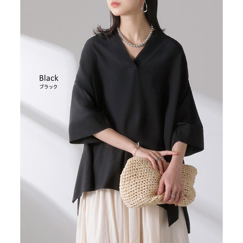 シャツ レディース ノーカラー トップス キーネック ブラウス ロング ロングシャツ チュニック 半袖 無地 バンドカラー ドルマンスリーブ 涼しい 二の腕カバー | HUG.U | 19