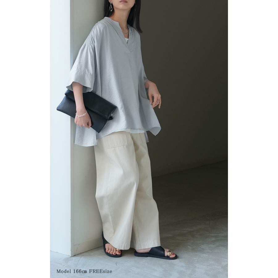 シャツ レディース ノーカラー トップス キーネック ブラウス ロング ロングシャツ チュニック 半袖 無地 バンドカラー ドルマンスリーブ 涼しい 二の腕カバー | HUG.U | 20