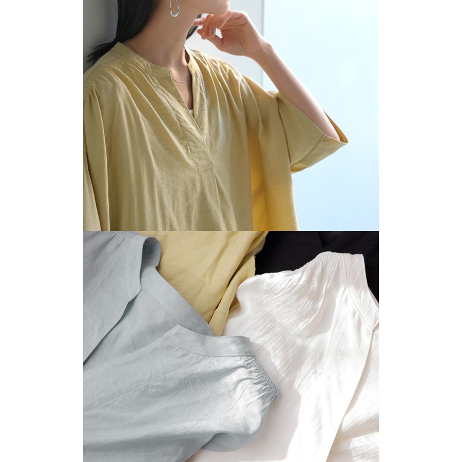 シャツ レディース ノーカラー トップス キーネック ブラウス ロング ロングシャツ チュニック 半袖 無地 バンドカラー ドルマンスリーブ 涼しい 二の腕カバー | HUG.U | 22