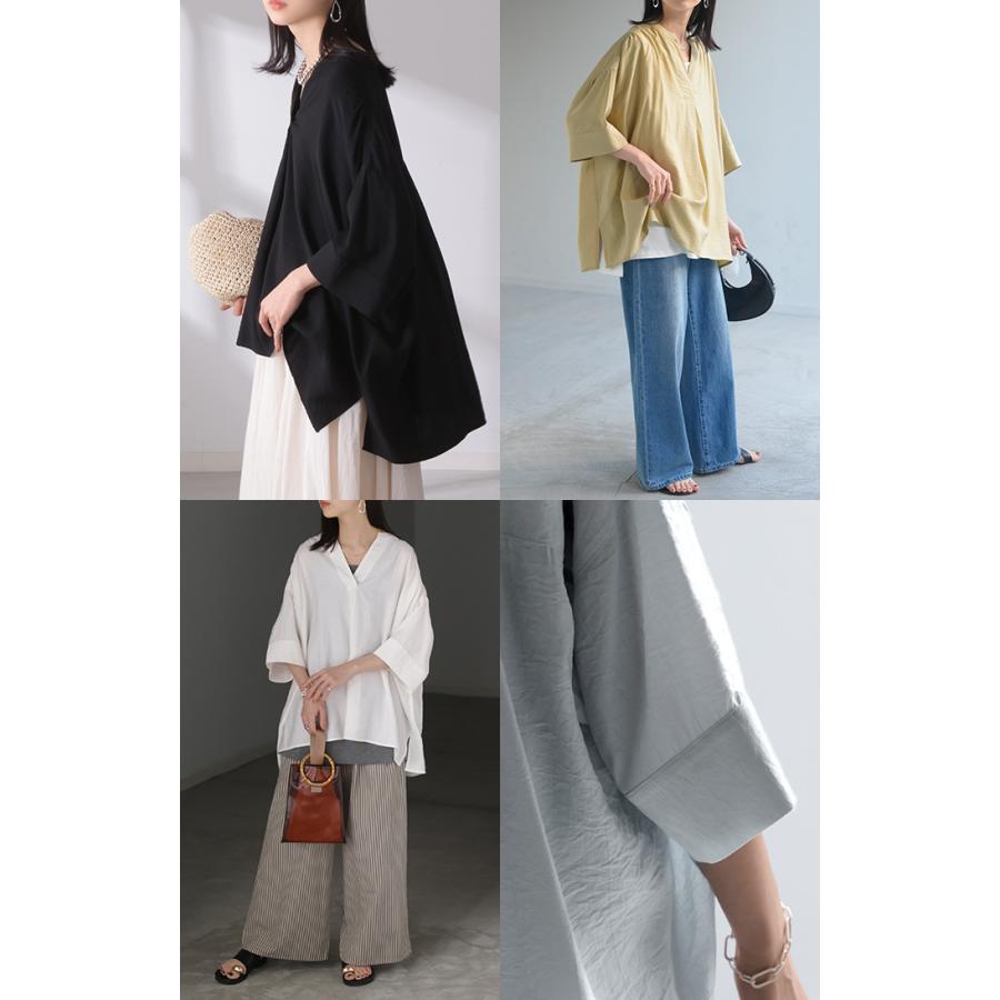 シャツ レディース ノーカラー トップス キーネック ブラウス ロング ロングシャツ チュニック 半袖 無地 バンドカラー ドルマンスリーブ 涼しい 二の腕カバー | HUG.U | 23
