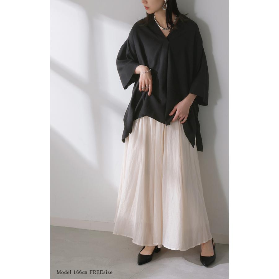 シャツ レディース ノーカラー トップス キーネック ブラウス ロング ロングシャツ チュニック 半袖 無地 バンドカラー ドルマンスリーブ 涼しい 二の腕カバー | HUG.U | 07