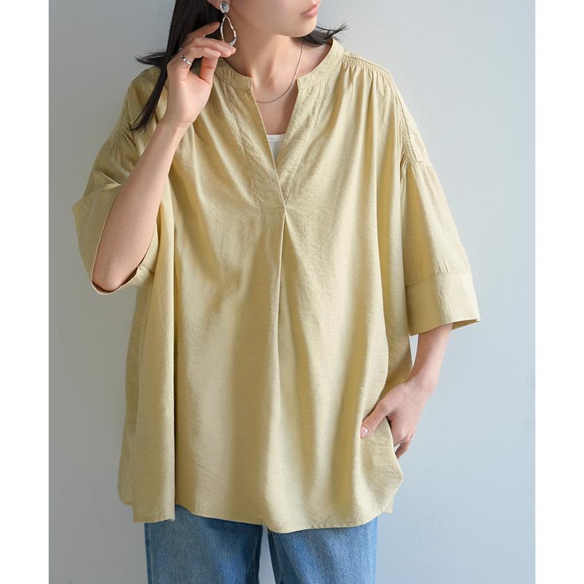 シャツ レディース ノーカラー トップス キーネック ブラウス ロング ロングシャツ チュニック 半袖 無地 バンドカラー ドルマンスリーブ 涼しい 二の腕カバー | HUG.U | 08