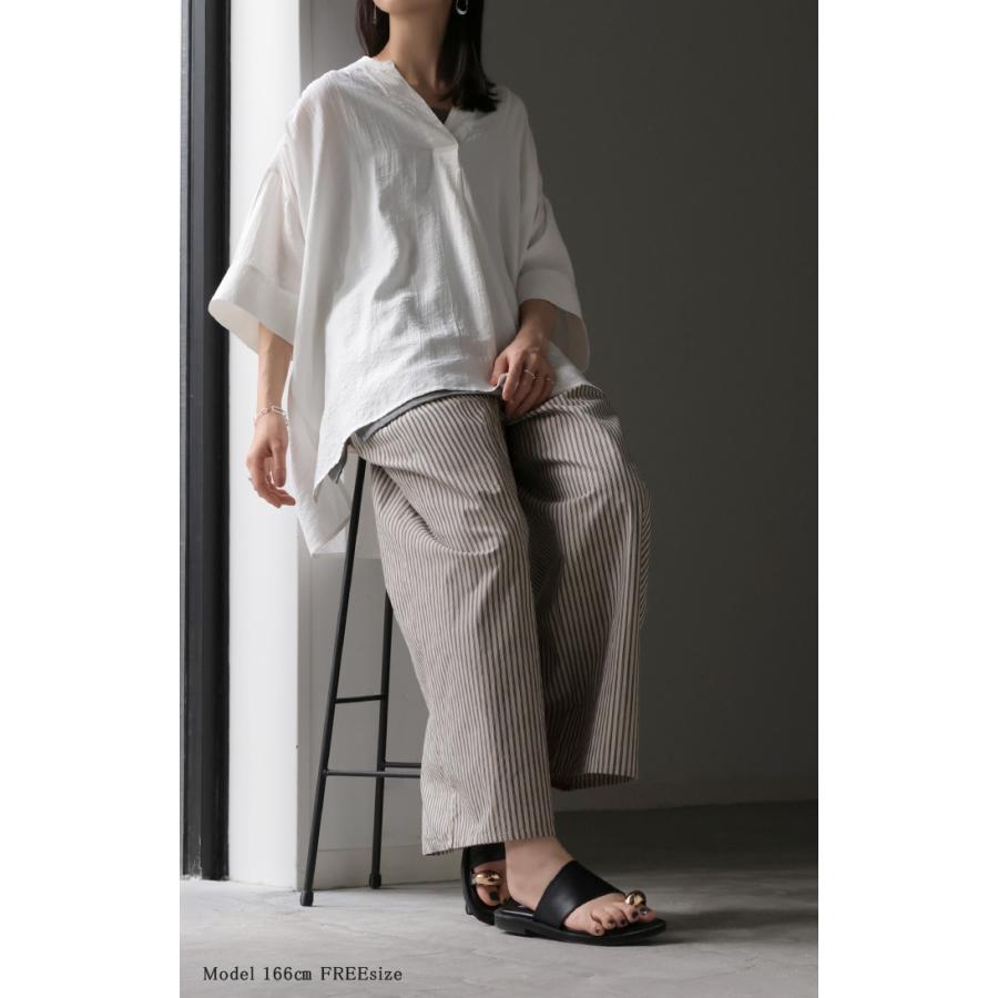 シャツ レディース ノーカラー トップス キーネック ブラウス ロング ロングシャツ チュニック 半袖 無地 バンドカラー ドルマンスリーブ 涼しい 二の腕カバー | HUG.U | 11