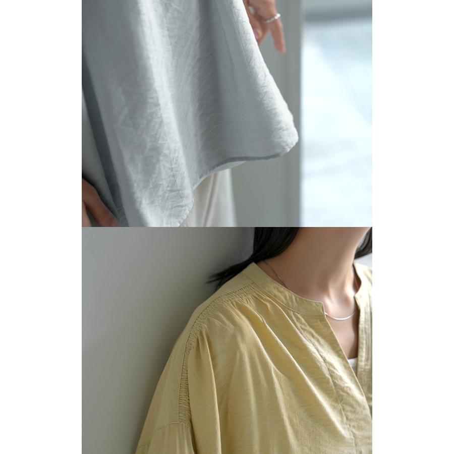 シャツ レディース ノーカラー トップス キーネック ブラウス ロング ロングシャツ チュニック 半袖 無地 バンドカラー ドルマンスリーブ 涼しい 二の腕カバー | HUG.U | 12
