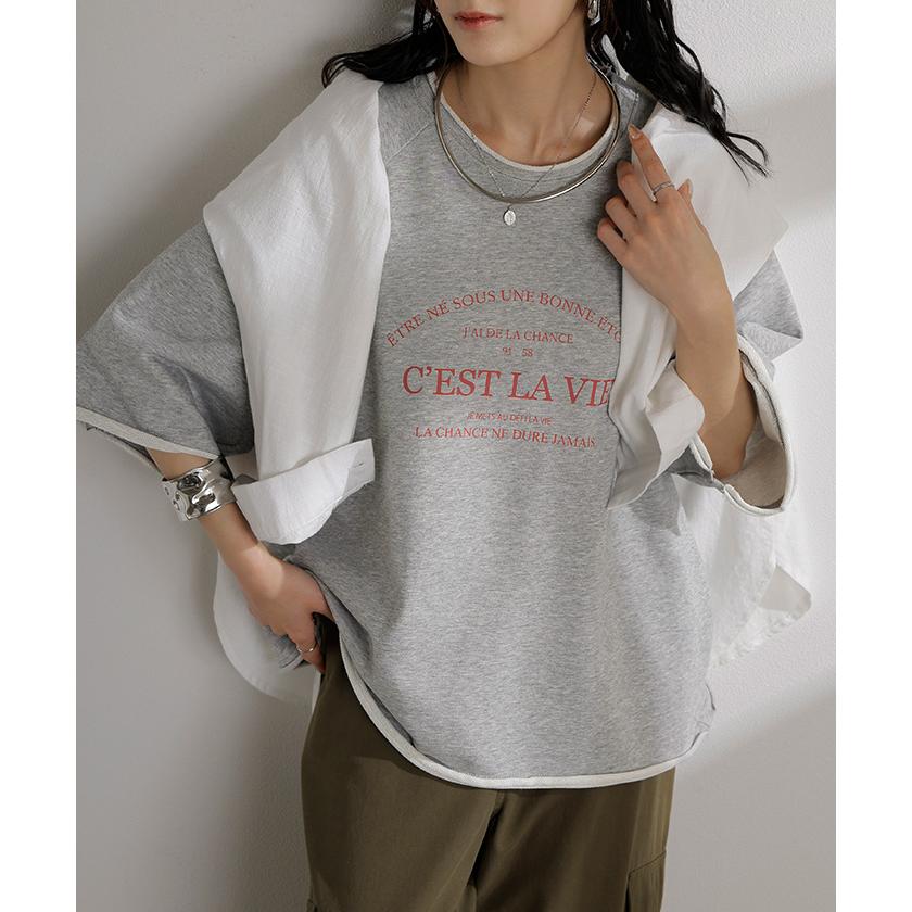 Tシャツ ジャスト丈 ロゴ トップス レディース 綿100 半袖 プリント カットソー ロング ティーシャツ ビッグ クルーネック ワイド ドルマン ドルマンスリーブ | HUG.U | 17