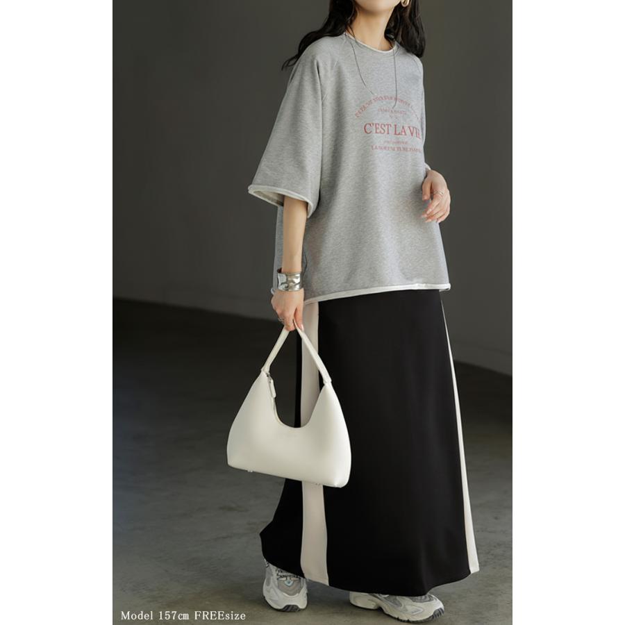 Tシャツ ジャスト丈 ロゴ トップス レディース 綿100 半袖 プリント カットソー ロング ティーシャツ ビッグ クルーネック ワイド ドルマン ドルマンスリーブ | HUG.U | 05