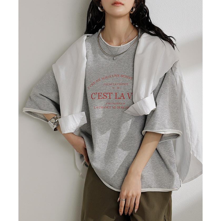 Tシャツ ジャスト丈 ロゴ トップス レディース 綿100 半袖 プリント カットソー ロング ティーシャツ ビッグ クルーネック ワイド ドルマン ドルマンスリーブ | HUG.U | 07