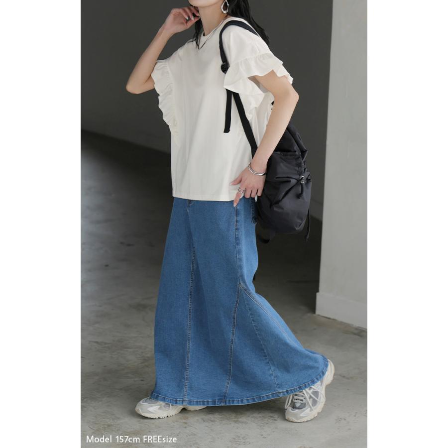 Tシャツ フリル 袖 レディース トップス ジャスト丈 フリル袖 フレア ティーシャツ クルーネック 長い 半袖 ストレッチ 軽い ゆったり シンプル 通気性 吸湿性 | HUG.U | 20
