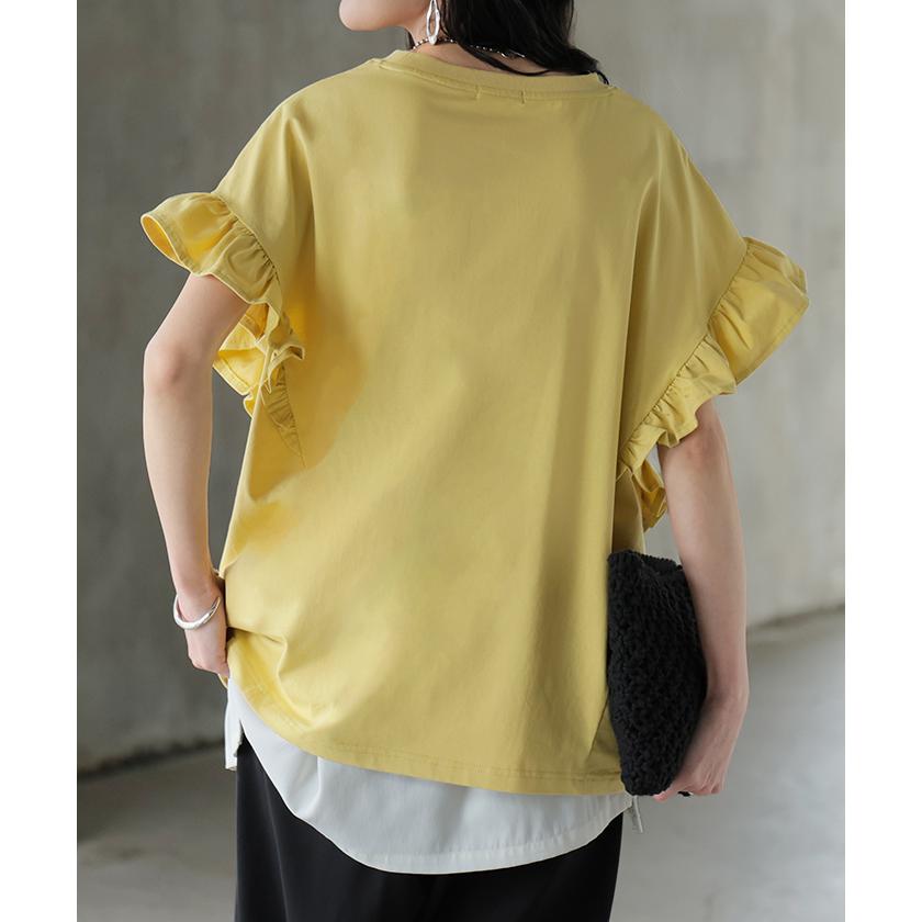 Tシャツ フリル 袖 レディース トップス ジャスト丈 フリル袖 フレア ティーシャツ クルーネック 長い 半袖 ストレッチ 軽い ゆったり シンプル 通気性 吸湿性 | HUG.U | 21