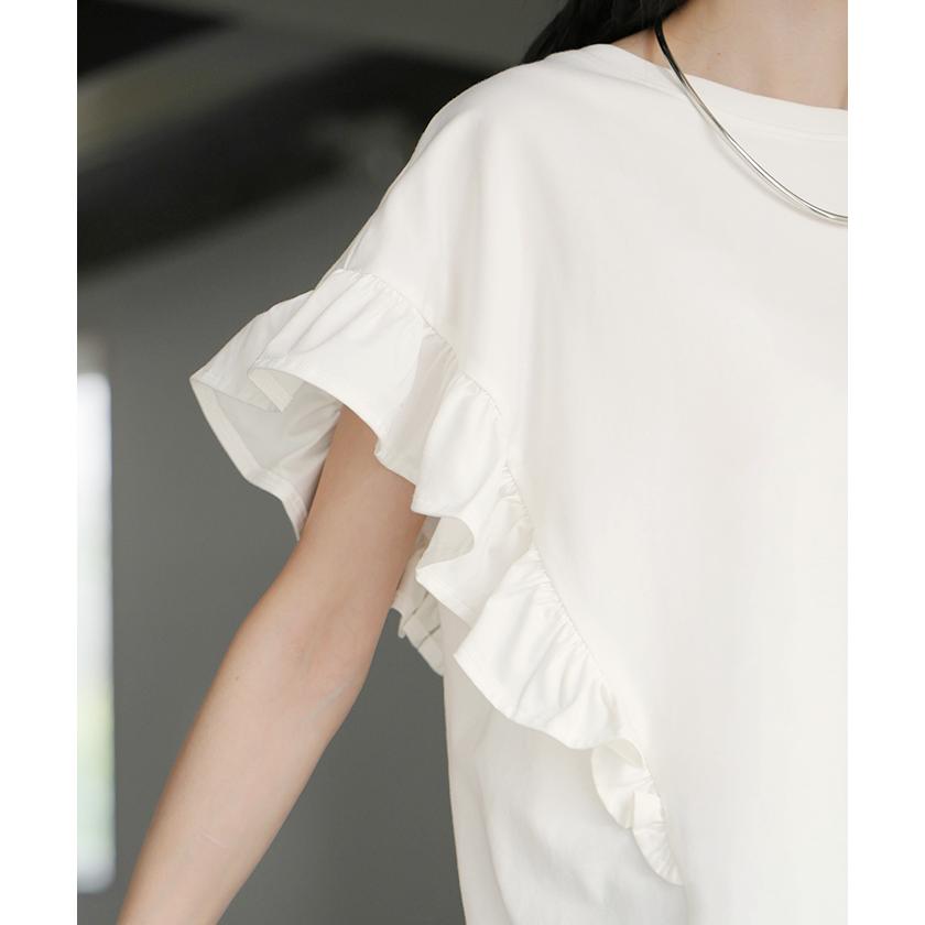 Tシャツ フリル 袖 レディース トップス ジャスト丈 フリル袖 フレア ティーシャツ クルーネック 長い 半袖 ストレッチ 軽い ゆったり シンプル 通気性 吸湿性 | HUG.U | 06