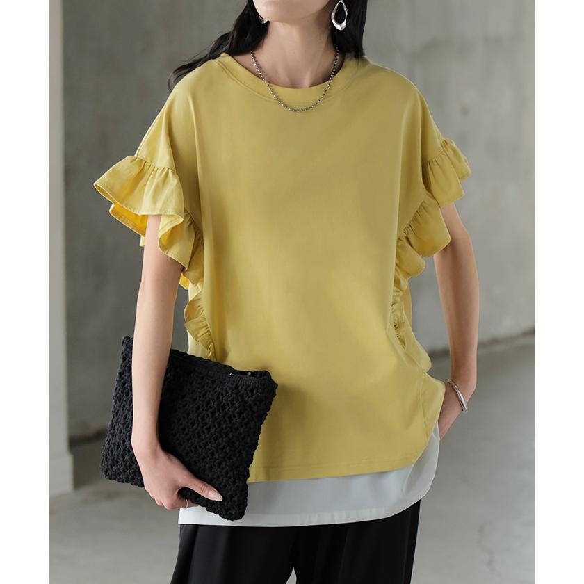Tシャツ フリル 袖 レディース トップス ジャスト丈 フリル袖 フレア ティーシャツ クルーネック 長い 半袖 ストレッチ 軽い ゆったり シンプル 通気性 吸湿性 | HUG.U | 08