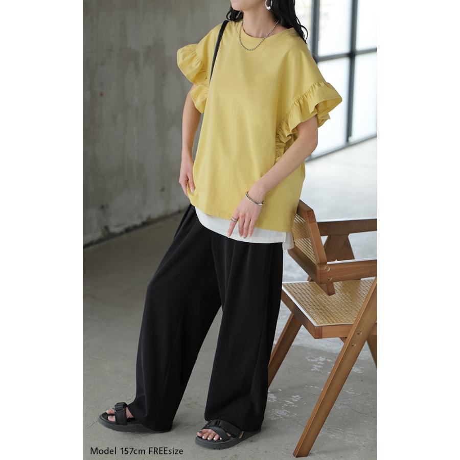 Tシャツ フリル 袖 レディース トップス ジャスト丈 フリル袖 フレア ティーシャツ クルーネック 長い 半袖 ストレッチ 軽い ゆったり シンプル 通気性 吸湿性 | HUG.U | 12