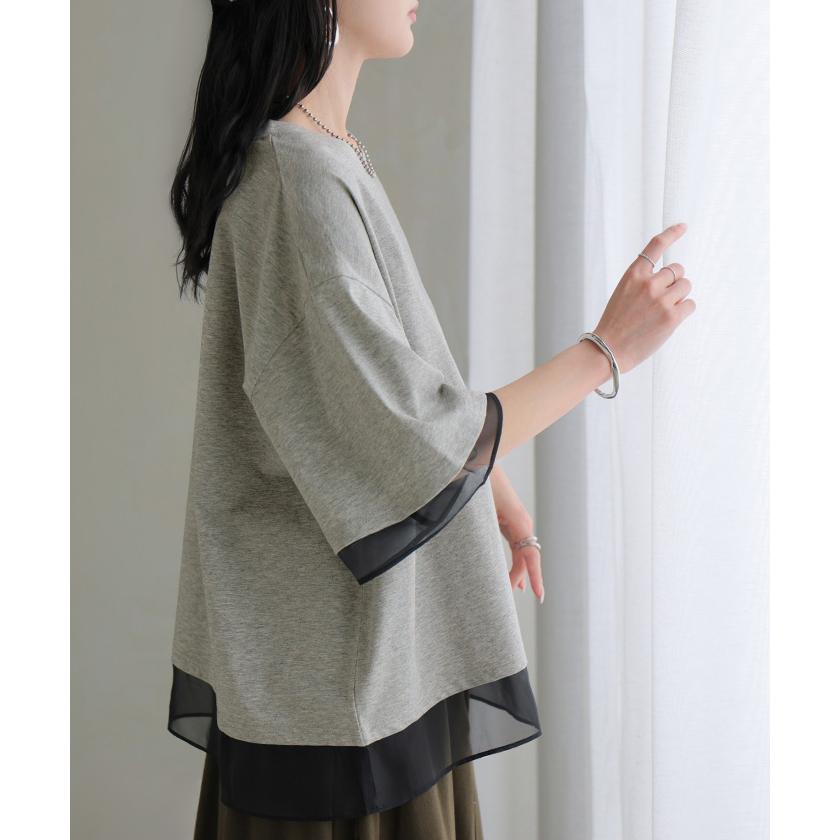 Tシャツ レイヤード風 レディース トップス 半袖 カットソー ロング ティーシャツ 異素材 ドッキング レイヤード クルーネック 長い ドルマン ドルマンスリーブ | HUG.U | 22