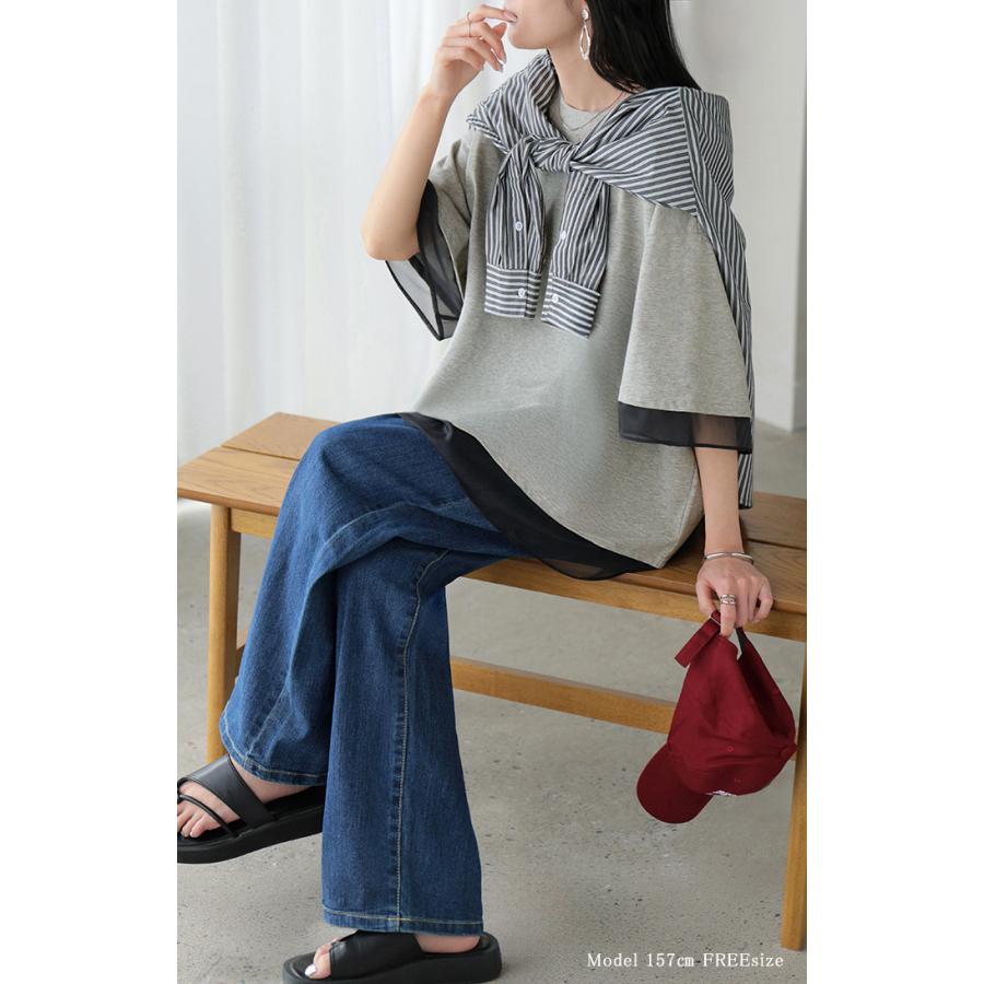 Tシャツ レイヤード風 レディース トップス 半袖 カットソー ロング ティーシャツ 異素材 ドッキング レイヤード クルーネック 長い ドルマン ドルマンスリーブ | HUG.U | 06