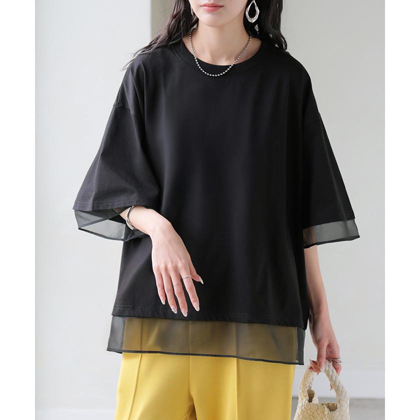 Tシャツ レイヤード風 レディース トップス 半袖 カットソー ロング ティーシャツ 異素材 ドッキング レイヤード クルーネック 長い ドルマン ドルマンスリーブ | HUG.U | 07