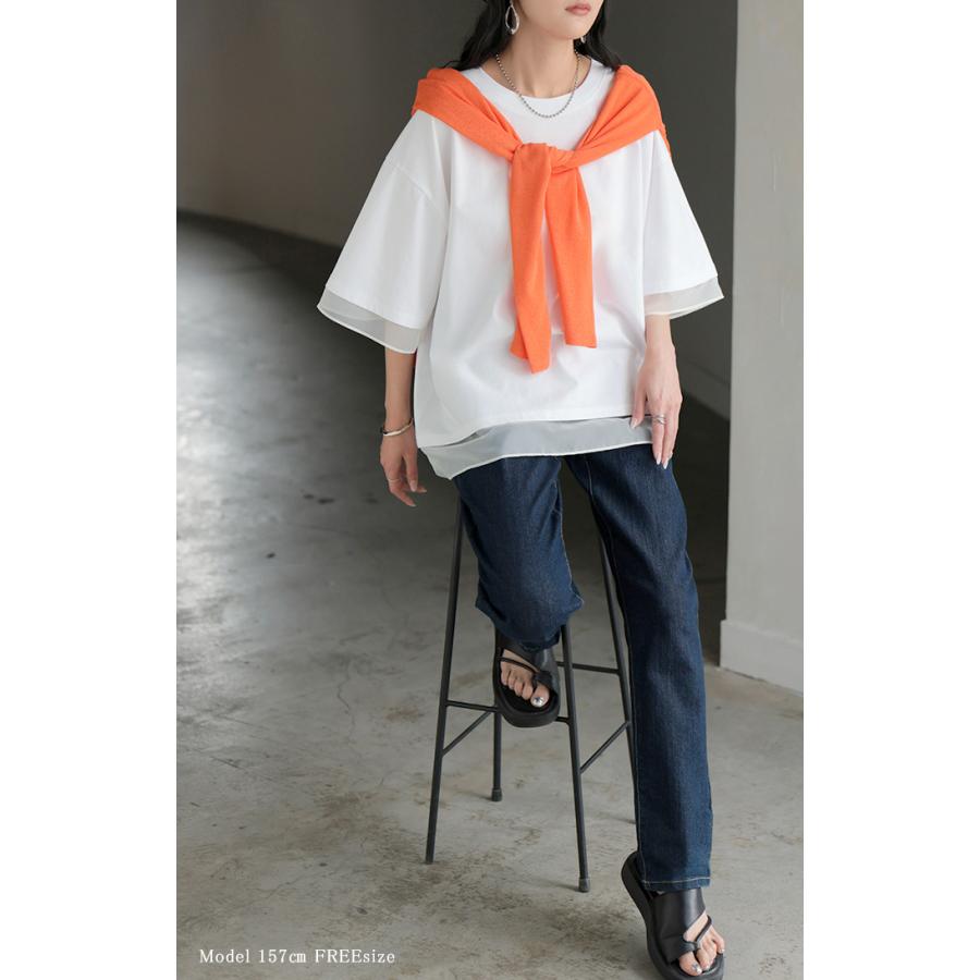 Tシャツ レイヤード風 レディース トップス 半袖 カットソー ロング ティーシャツ 異素材 ドッキング レイヤード クルーネック 長い ドルマン ドルマンスリーブ | HUG.U | 11