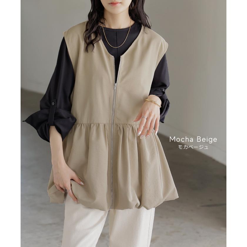 ベスト バルーン トップス レディース シワになりにくい 軽量 ジップアップ バルーンベスト 体型カバー お尻が隠れる Vネック 重ね着 レイヤード ノースリーブ | HUG.U | 12