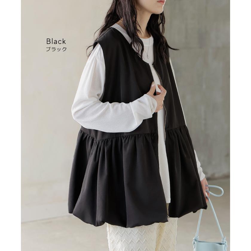 ベスト バルーン トップス レディース シワになりにくい 軽量 ジップアップ バルーンベスト 体型カバー お尻が隠れる Vネック 重ね着 レイヤード ノースリーブ | HUG.U | 16