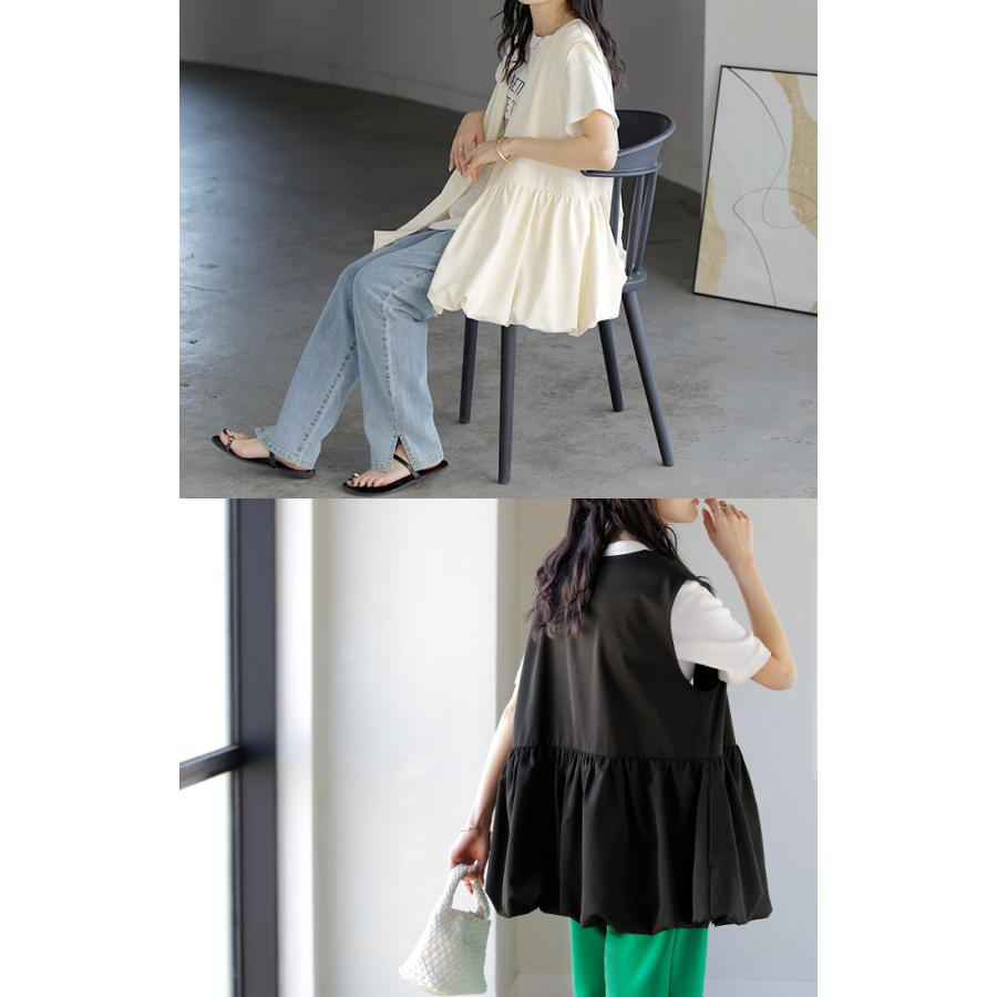 ベスト バルーン トップス レディース シワになりにくい 軽量 ジップアップ バルーンベスト 体型カバー お尻が隠れる Vネック 重ね着 レイヤード ノースリーブ | HUG.U | 19