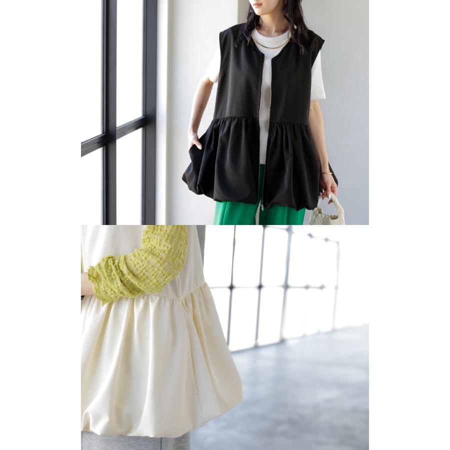 ベスト バルーン トップス レディース シワになりにくい 軽量 ジップアップ バルーンベスト 体型カバー お尻が隠れる Vネック 重ね着 レイヤード ノースリーブ | HUG.U | 22