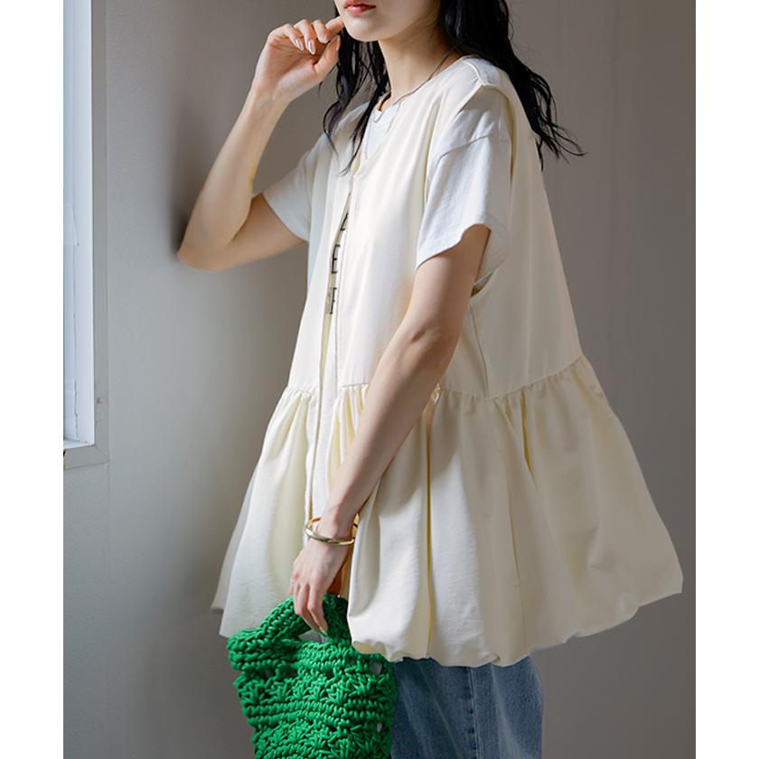 ベスト バルーン トップス レディース シワになりにくい 軽量 ジップアップ バルーンベスト 体型カバー お尻が隠れる Vネック 重ね着 レイヤード ノースリーブ | HUG.U | 08