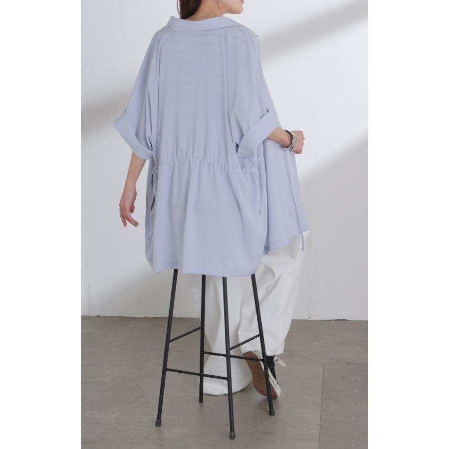 ブラウス ウエストドロー レディース トップス ロング シャツ チュニック ドルマン しわになりにくい 半袖 五分袖 羽織 ライトアウター 軽い サテン きれいめ | HUG.U | 16