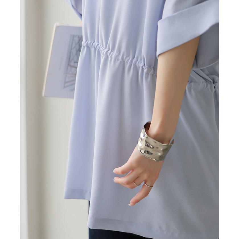 ブラウス ウエストドロー レディース トップス ロング シャツ チュニック ドルマン しわになりにくい 半袖 五分袖 羽織 ライトアウター 軽い サテン きれいめ | HUG.U | 19