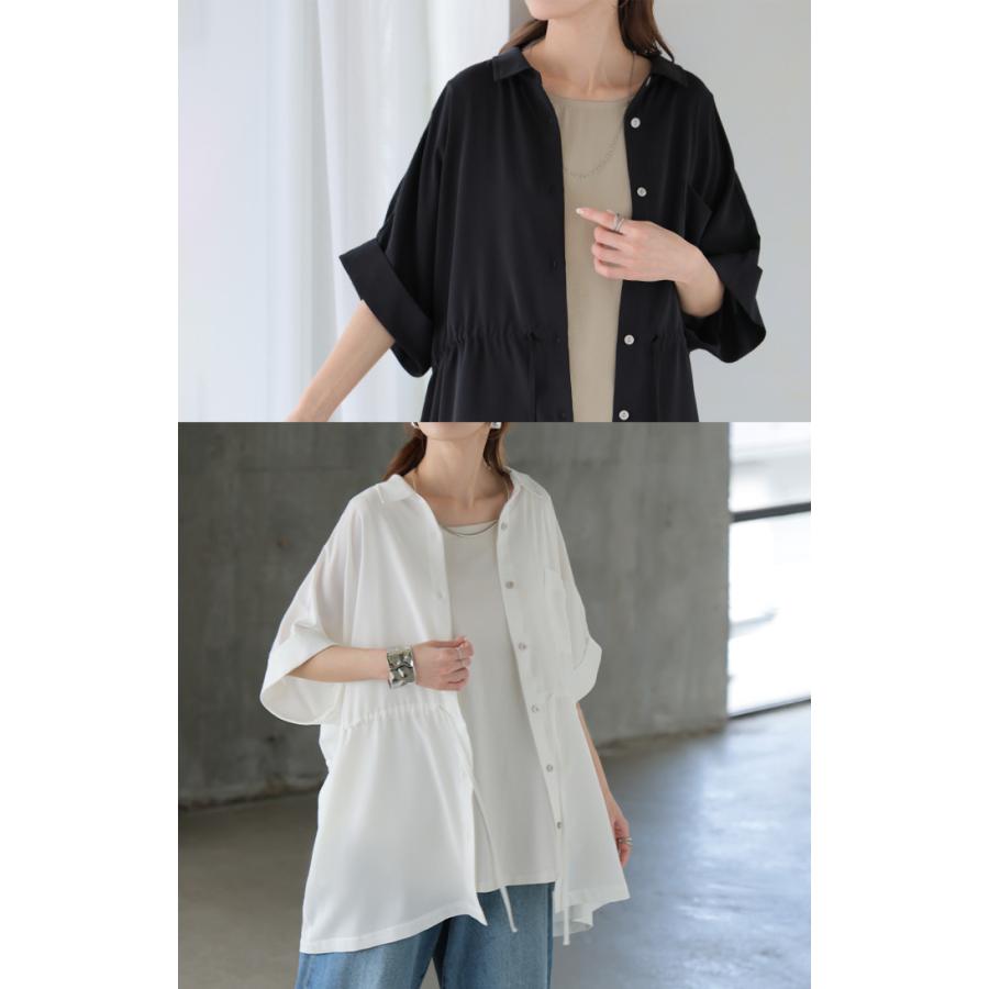 ブラウス ウエストドロー レディース トップス ロング シャツ チュニック ドルマン しわになりにくい 半袖 五分袖 羽織 ライトアウター 軽い サテン きれいめ | HUG.U | 20