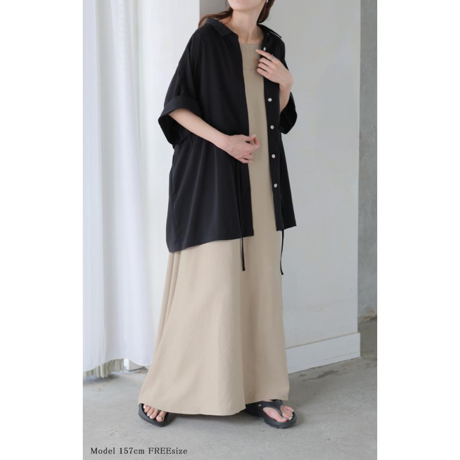 ブラウス ウエストドロー レディース トップス ロング シャツ チュニック ドルマン しわになりにくい 半袖 五分袖 羽織 ライトアウター 軽い サテン きれいめ | HUG.U | 06