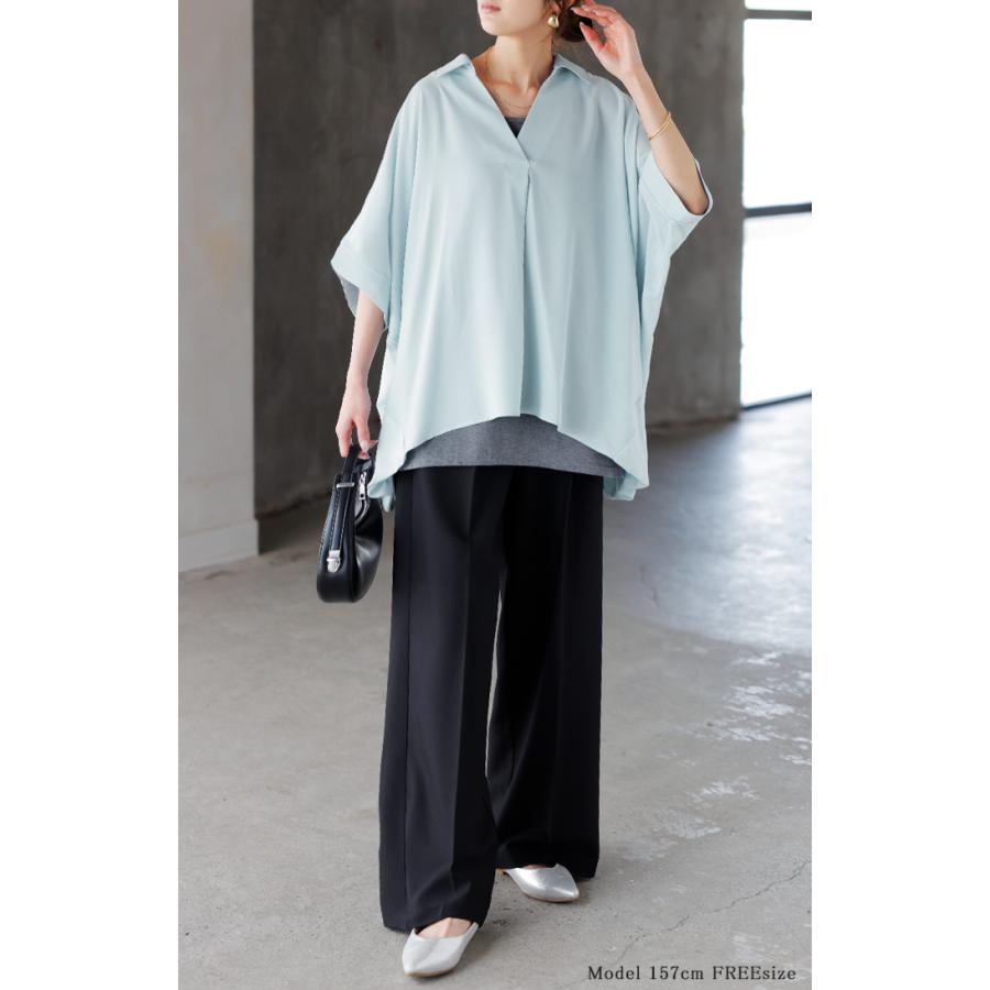 シャツ スキッパーシャツ ブラウス レディース トップス 半袖 Vネック 深Vネック 五分袖 襟付き バルーン ノンアイロン 体型カバー 大きいサイズ 着痩せ | HUG.U | 17