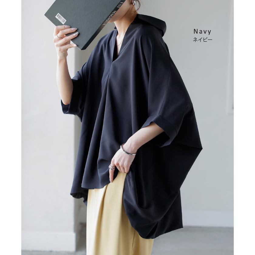 シャツ スキッパーシャツ ブラウス レディース トップス 半袖 Vネック 深Vネック 五分袖 襟付き バルーン ノンアイロン 体型カバー 大きいサイズ 着痩せ | HUG.U | 22