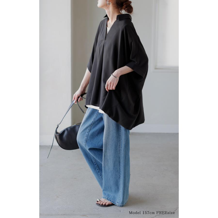 シャツ スキッパーシャツ ブラウス レディース トップス 半袖 Vネック 深Vネック 五分袖 襟付き バルーン ノンアイロン 体型カバー 大きいサイズ 着痩せ | HUG.U | 10