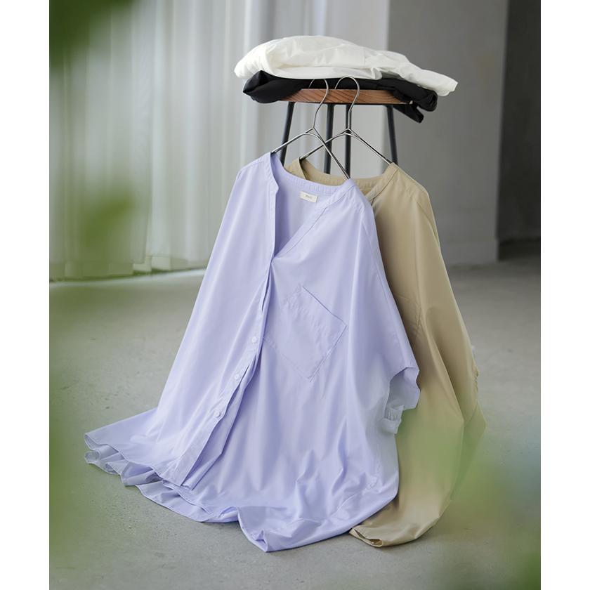 シャツ シャーリング スキッパー レディース トップス ブラウス ロング ロングシャツ チュニック 抜き襟 ポケット 半袖 五分袖 長い 無地 | HUG.U | 21