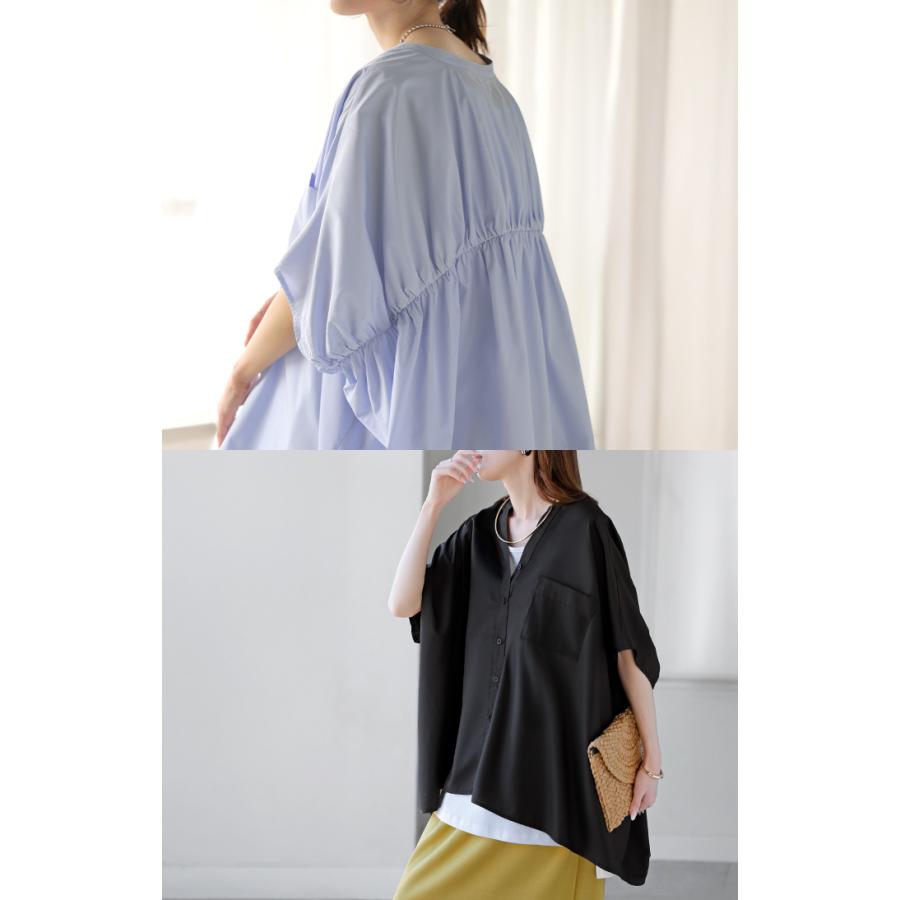 シャツ シャーリング スキッパー レディース トップス ブラウス ロング ロングシャツ チュニック 抜き襟 ポケット 半袖 五分袖 長い 無地 | HUG.U | 23