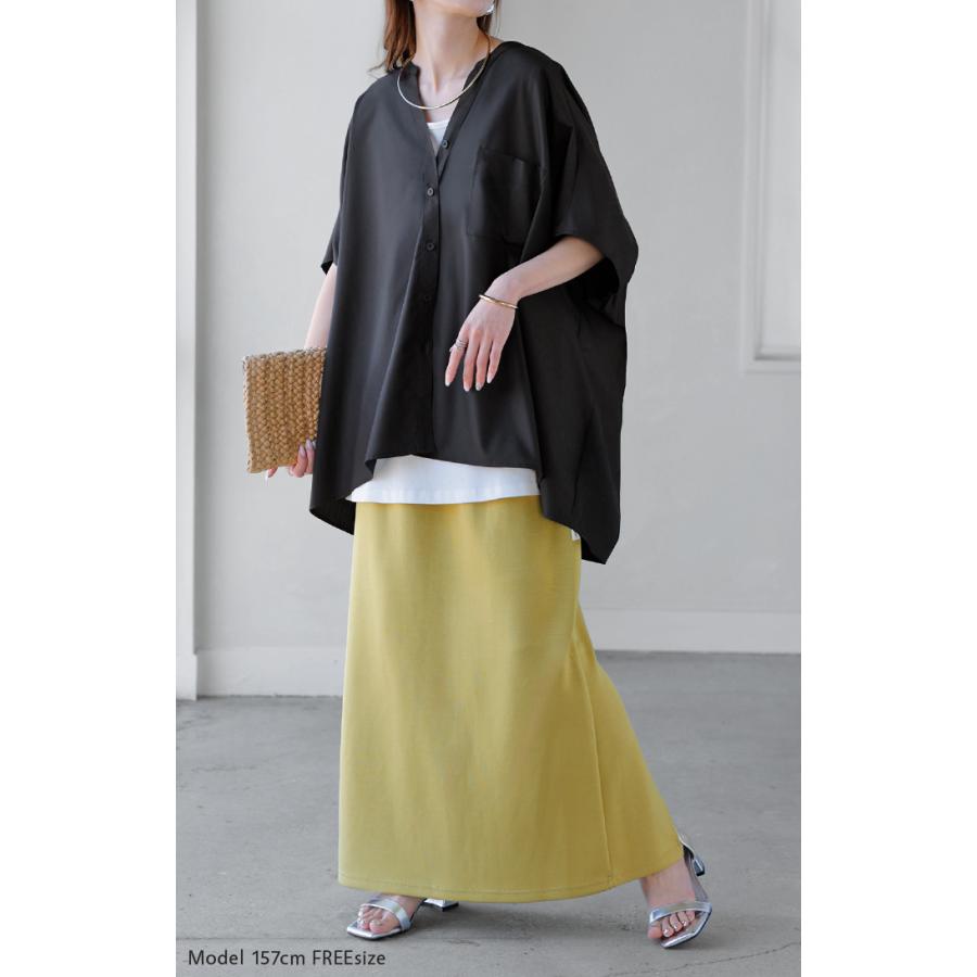 シャツ シャーリング スキッパー レディース トップス ブラウス ロング ロングシャツ チュニック 抜き襟 ポケット 半袖 五分袖 長い 無地 | HUG.U | 07