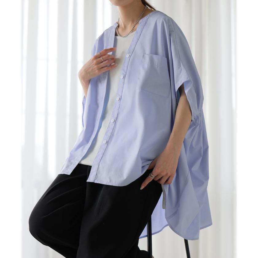 シャツ シャーリング スキッパー レディース トップス ブラウス ロング ロングシャツ チュニック 抜き襟 ポケット 半袖 五分袖 長い 無地 | HUG.U | 08