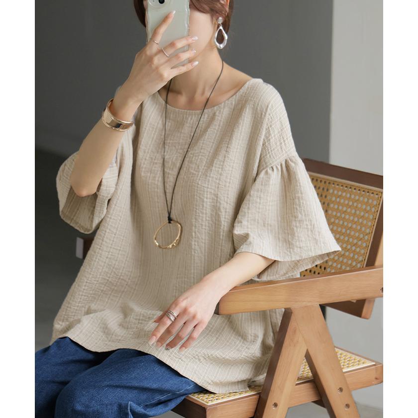 ブラウス ストライプ レディース トップス ベル袖 ロング シャツ チュニック 綿ライク しぼ感 ワッシャー フリル 半袖 しわになりにくい クルーネック 軽い 薄手 | HUG.U | 15